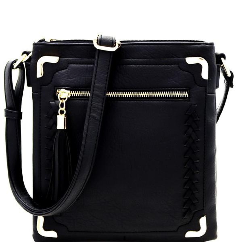 Black Tassel Braid Multi Compartment Crossbody Bag